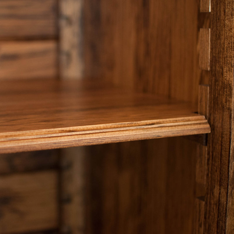 Solid wood raised panel armoire in provincial, shelf detail