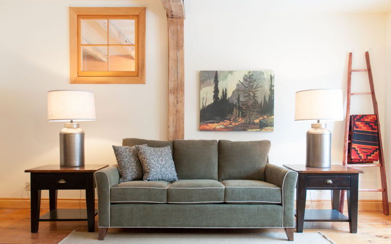 Danforth sofa room shot with lamps and end tables
