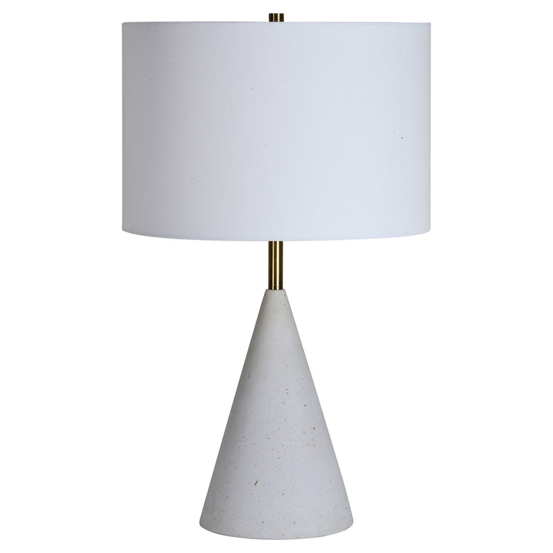 Textured table lamp with white shade.