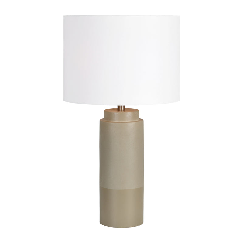Beige cylinder table lamp with white shade.
