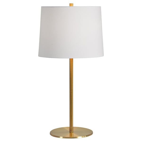 Tall and narrow table lamp with white shade.