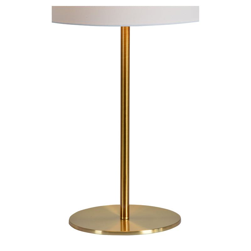 Tall and narrow table lamp with white shade.